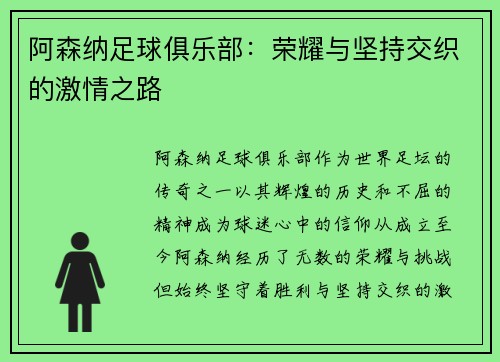 阿森纳足球俱乐部：荣耀与坚持交织的激情之路